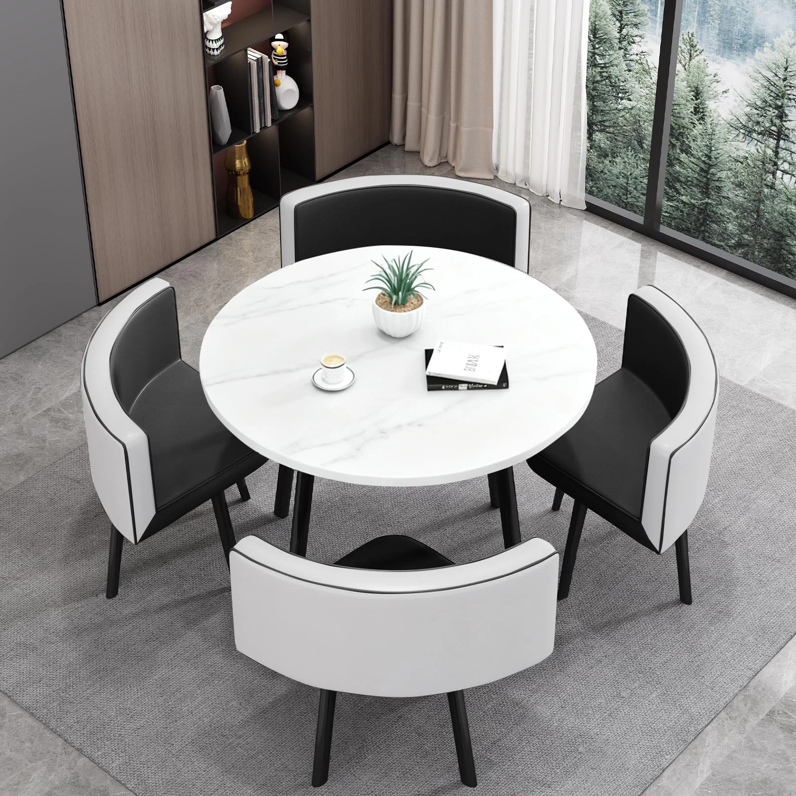 VTELGT 35.4″ Dining Table and Chairs Set 4, 5 Piece Modern Dining Table Set, Faux Marble Tabletop with 4 PU Leather Chairs, Kitchen Table, Meeting Table for Space Saving,White Round Black Chair