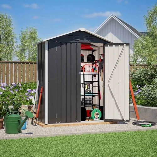 BIRCHTREE Garden Shed Metal Apex Roof 5FT X 2.6FT Outdoor Storage With Free Foundation Anthracite and White