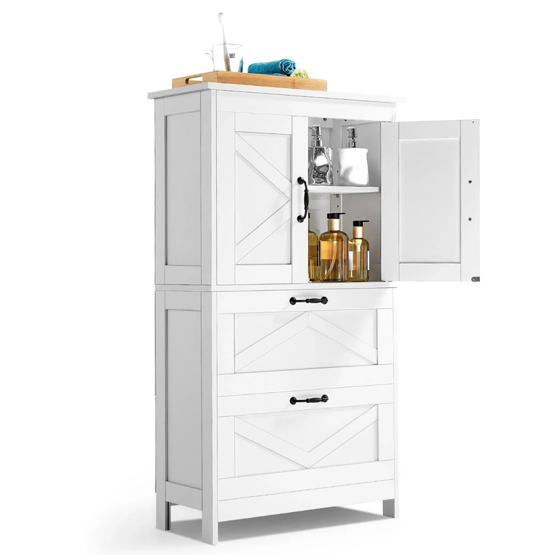 VEVOR Bathroom Floor Cabinet, 4-Tier, Wooden Storage Organizer with 2 Doors, 2 Drawers and Adjustable Shelf, Modern Home Furniture Freestanding Cupboard for Kitchen/Living Room/Entryway Use, White