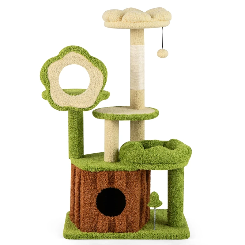 GYMAX Cat Tree for Indoor Cats, Multi-Level Kitty Tower with Trunk Condo, Flower Perch, Plush Napping Bed, Spring Toy, Pompom, Platforms, Scratching Posts, Pet Playhouse Activity Center (100cm Tall)
