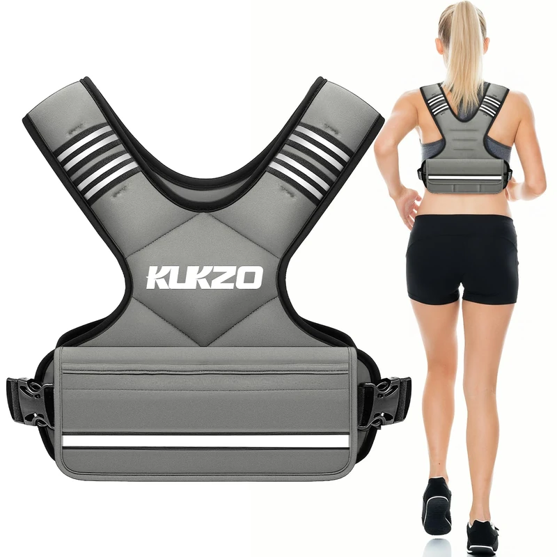 KUKZO Adjustable Weighted Vest Woman Men, 20-32lb Weight Vest with 6 Ironsand Weights for Strength Training Rucking Running Walking Fitness Workout, Grey