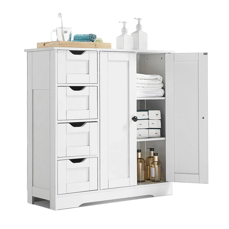 VEVOR Bathroom Floor Cabinet, 3-Tier, Wooden Storage Organizer with 2 Doors, 4 Drawers and Adjustable Shelf, Modern Home Furniture Freestanding Cupboard for Kitchen/Living Room/Entryway Use, White