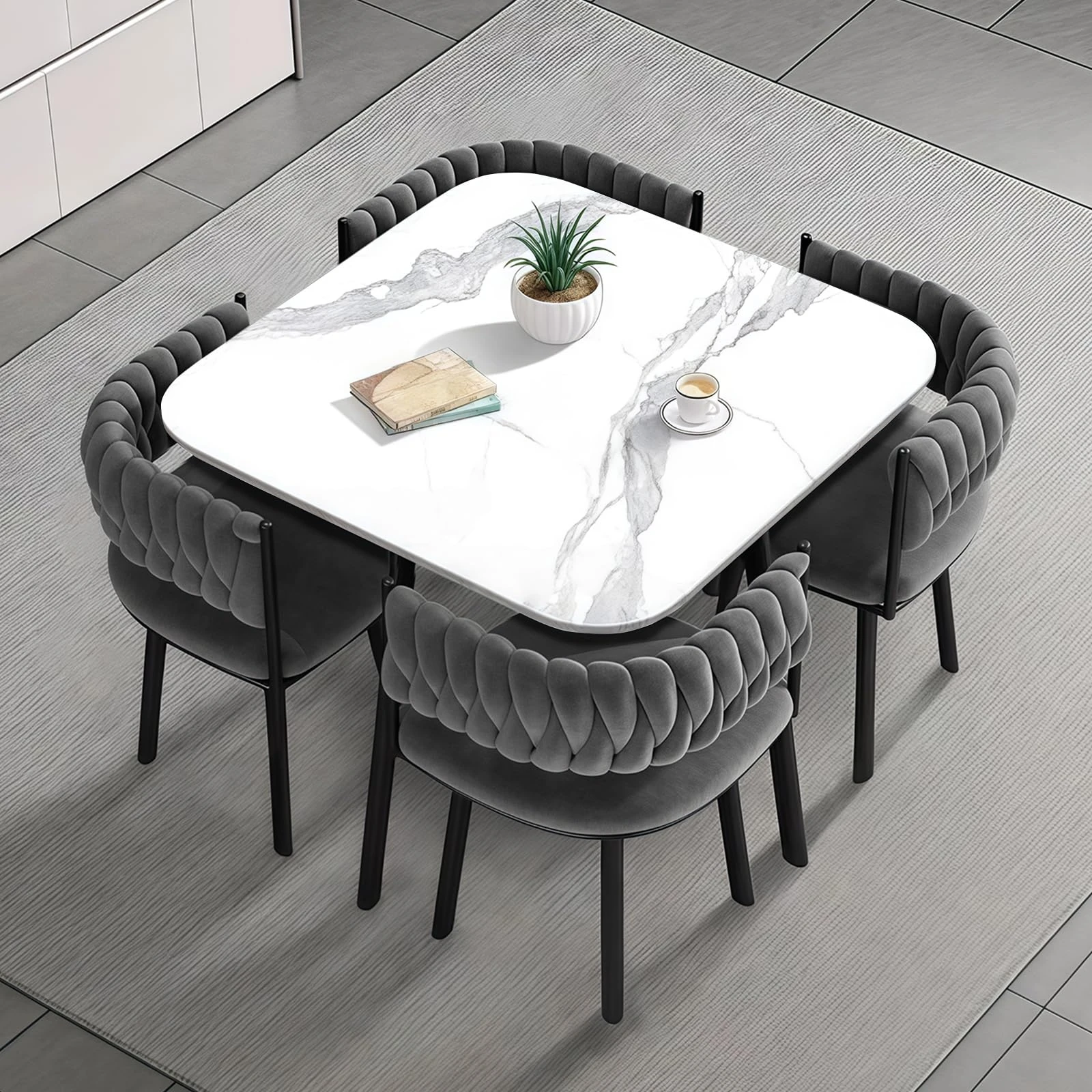 VTELGT Marble Dining Table and Chairs Set 4, 5 Piece Modern Dining Table Set, Rock Slab Tabletop with 4 Weave Velvet Chairs for Space Saving,White Square Grey