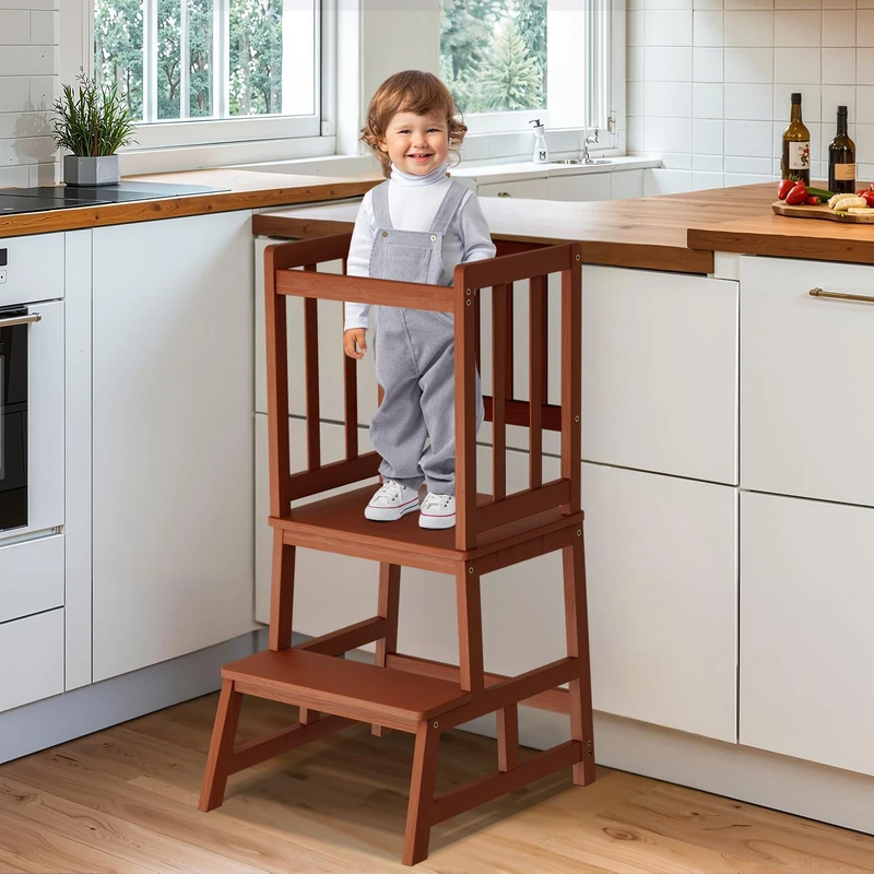 COSYLAND Toddler Standing Tower for Kitchen - Wooden Nursery Step Stool for Kids - Solid Learning Stool Kitchen Counter Helper Step Stool for Kids (Brown)