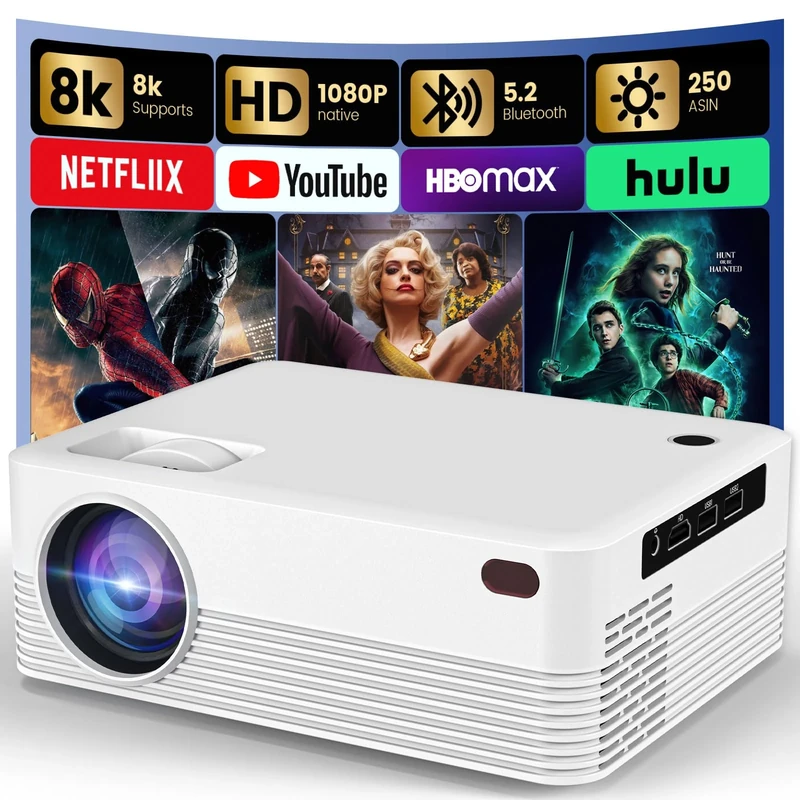 Osikem Mini Portable Projector with Wifi and Bluetooth, Native 1080P Full HD Smart Projector, 300 ANSI, Compatible with Smartphone HDMI, USB, Keystone (White）