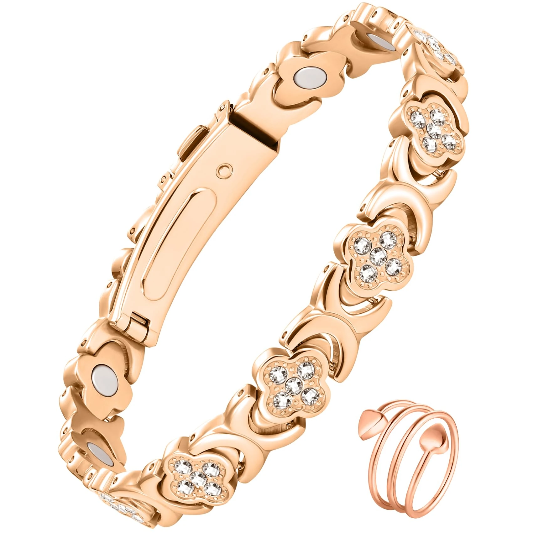 Jecanori 99% Copper Bracelet for Women,Effective Ultra Strength Ladies Magnetic Bracelet with Gift Box & Removal Tool (rose gold-Leaf Clover)