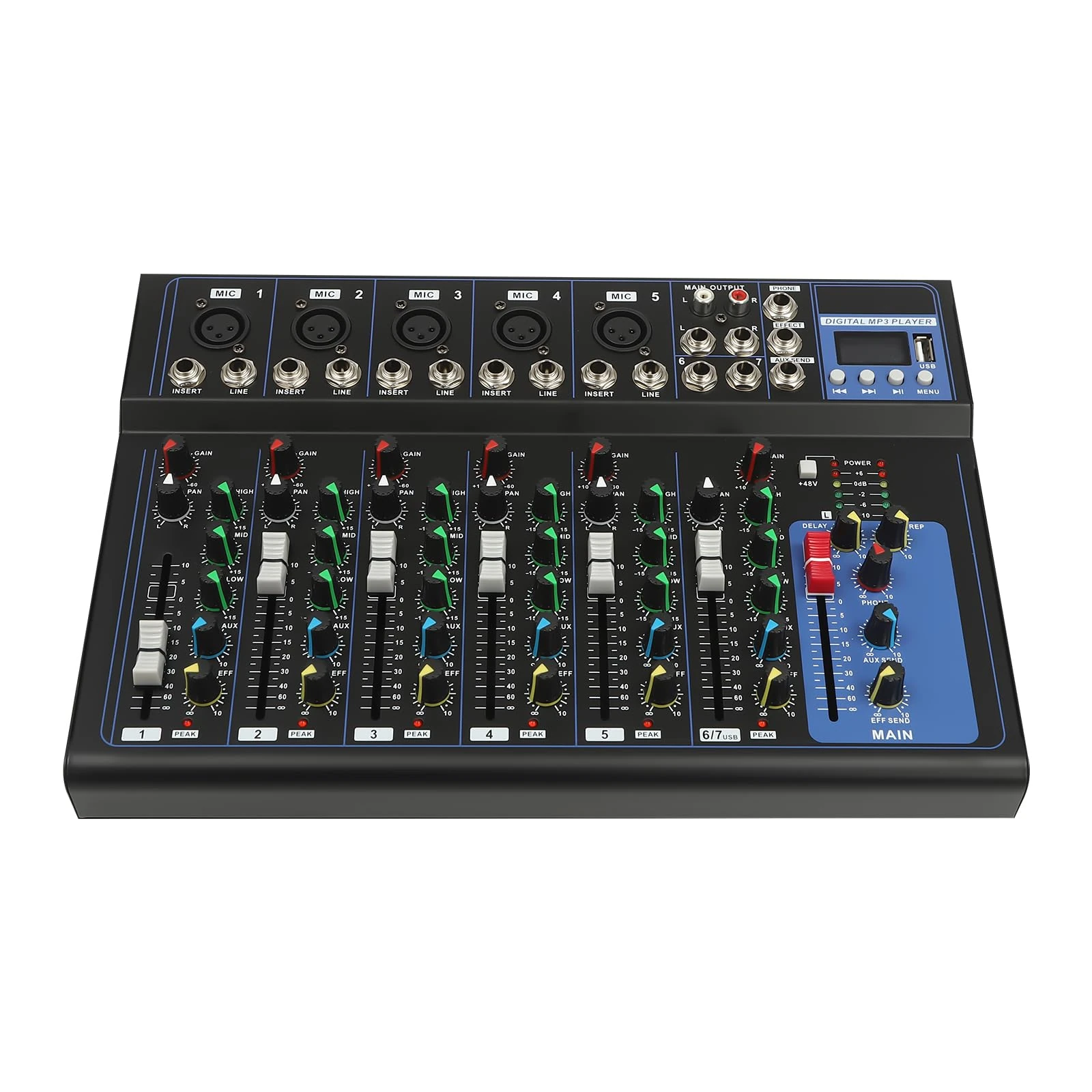 Bluetooth Portable Audio Mixer 7-Channel Stereo Mixer Digital Audio Mixer with Bluetooth USB Connection Bands Mixing Boards for Studio Recording Live Streaming Podcasting DJ Sound Mixing Console