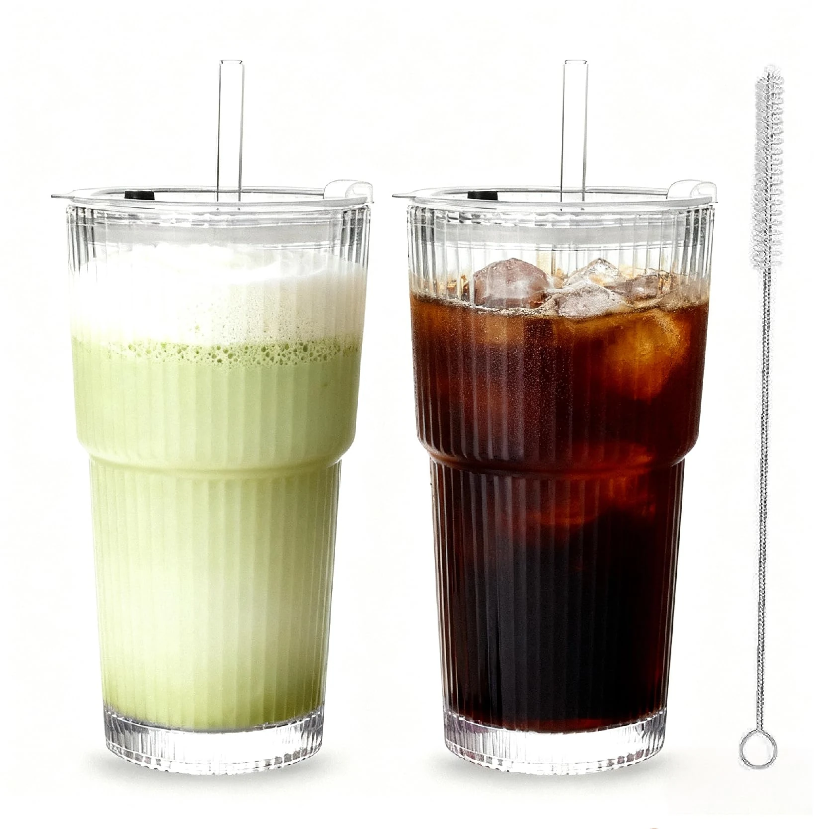 MEETOZ Iced Coffee Cup,2 Set 600ml Finew Glass Cups,Ribbed Glass Tumblers with Lids and Glass Straws,for Smoothies, Beer, Cola, Juice, Soda