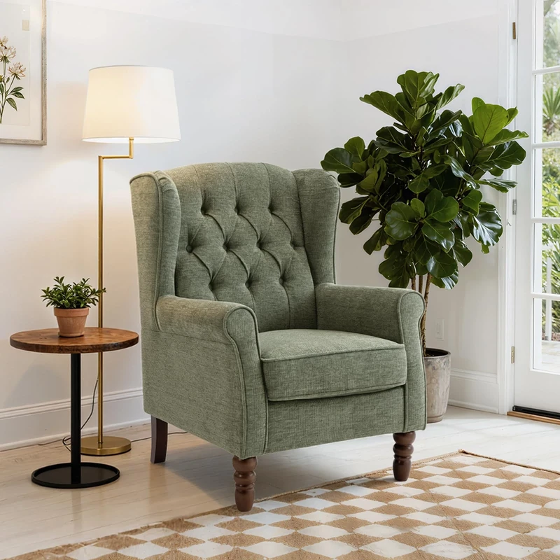 COLAMY Mid-Century Modern Living Room Accent Chair, Button Tufted Wingback with Thick Padded Seat, Upholstered Armchair, Fabric Sofa Arm Chair with Solid Wood Legs for Bedroom/Office/Café, Green