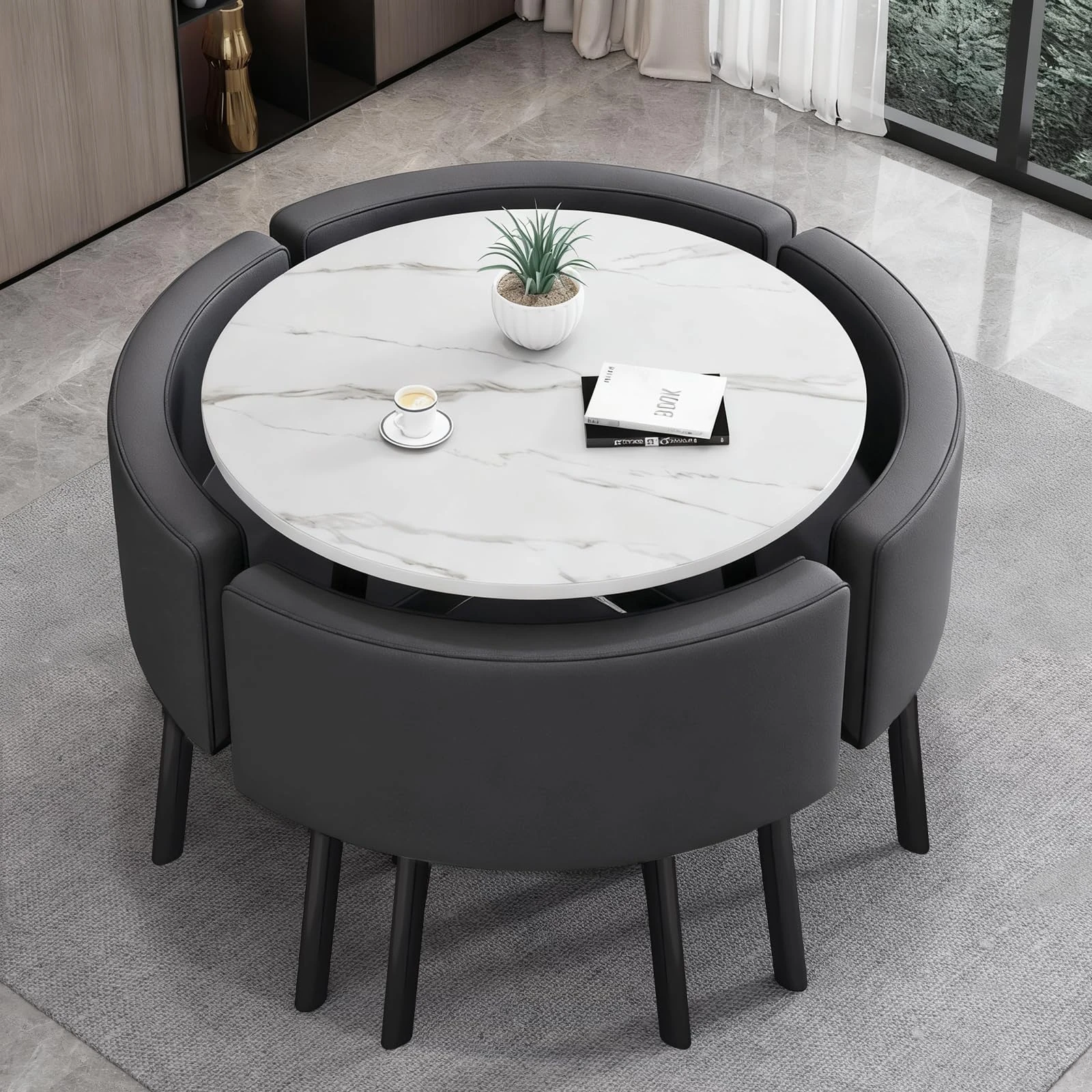 VTELGT 35.4″ Dining Table and Chairs Set 4, 5 Piece Modern Dining Table Set, Faux Marble Tabletop with 4 PU Leather Chairs, Kitchen Table, Meeting Table for Space Saving,White Round