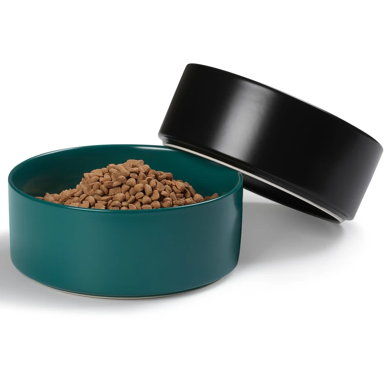 Kitwinney Large Dog Bowls, Non Slip Heavy Ceramic Dog Food and Water Bowl with White Silicone Base, 2 Pack Pet Feeding Bowls for Medium, Big and Giant Dogs (Black+Green, 8 Inches)