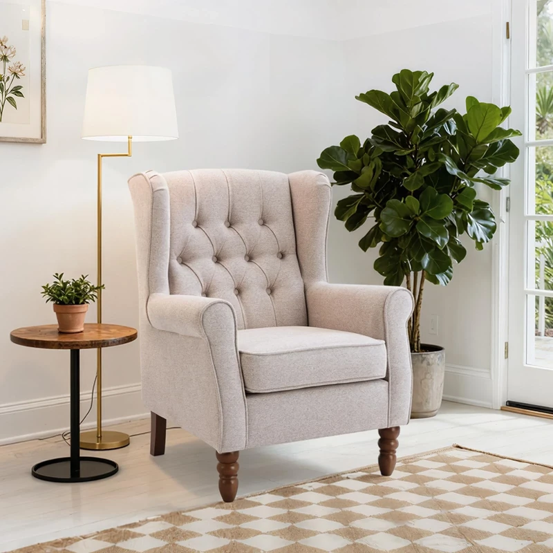 COLAMY Mid-Century Modern Living Room Accent Chair, Button Tufted Wingback with Thick Padded Seat, Upholstered Armchair, Fabric Sofa Arm Chair with Solid Wood Legs for Bedroom/Office/Café, Beige