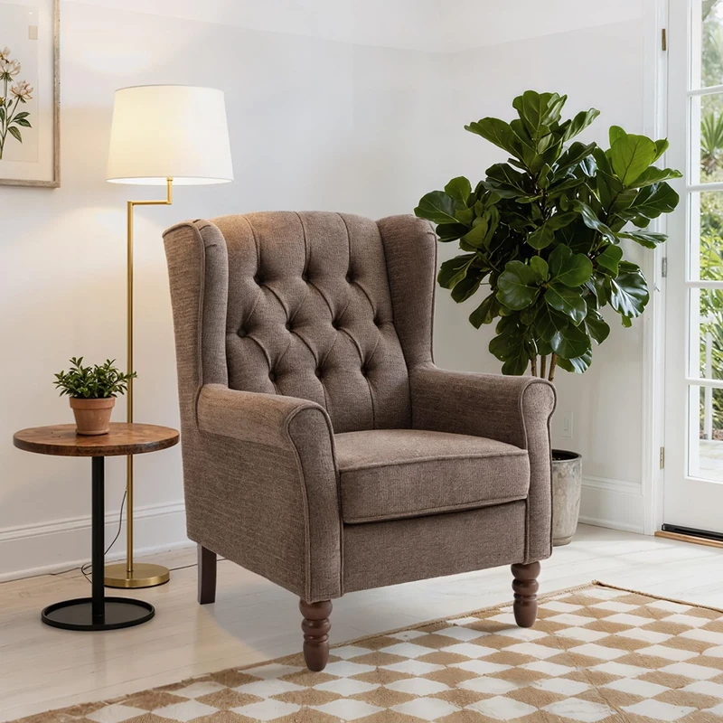 COLAMY Mid-Century Modern Living Room Accent Chair, Button Tufted Wingback with Thick Padded Seat, Upholstered Armchair, Fabric Sofa Arm Chair with Solid Wood Legs for Bedroom/Office/Café,Brown