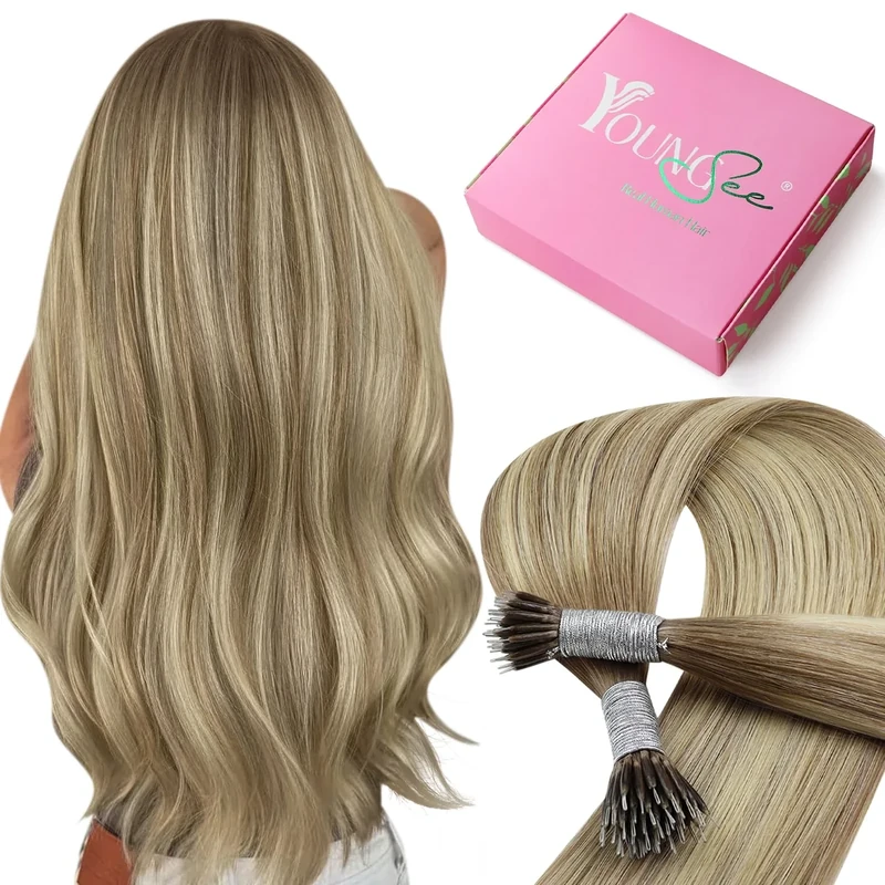 YoungSee Nano Ring Hair Extensions Brown 24inch Nano Hair Extensions Real Human Hair Balayage Light Brown with Platinum Blonde Ombre Nanolink Extensions for Wedding Cold Fusion Long Straigh 50g 50s