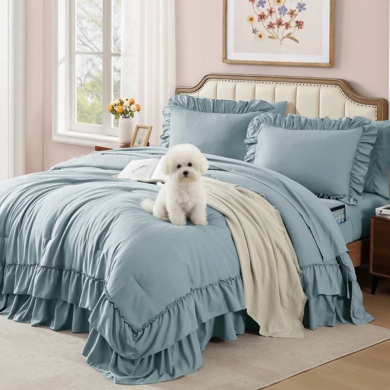 AMBERSPACE Queen Comforter Set Dusty Blue, Ruffle Shabby Chic Bedding Set Farmhouse 7 Pieces, All Season Fluffy Bed in a Bag with Sheets, Pillowcases & Shams