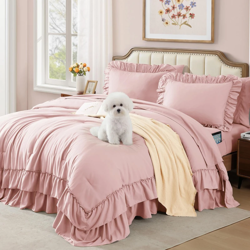 AMBERSPACE Queen Comforter Set Soft Pink, Ruffle Shabby Chic Bedding Set Farmhouse 7 Pieces, All Season Fluffy Bed in a Bag with Sheets, Pillowcases & Shams