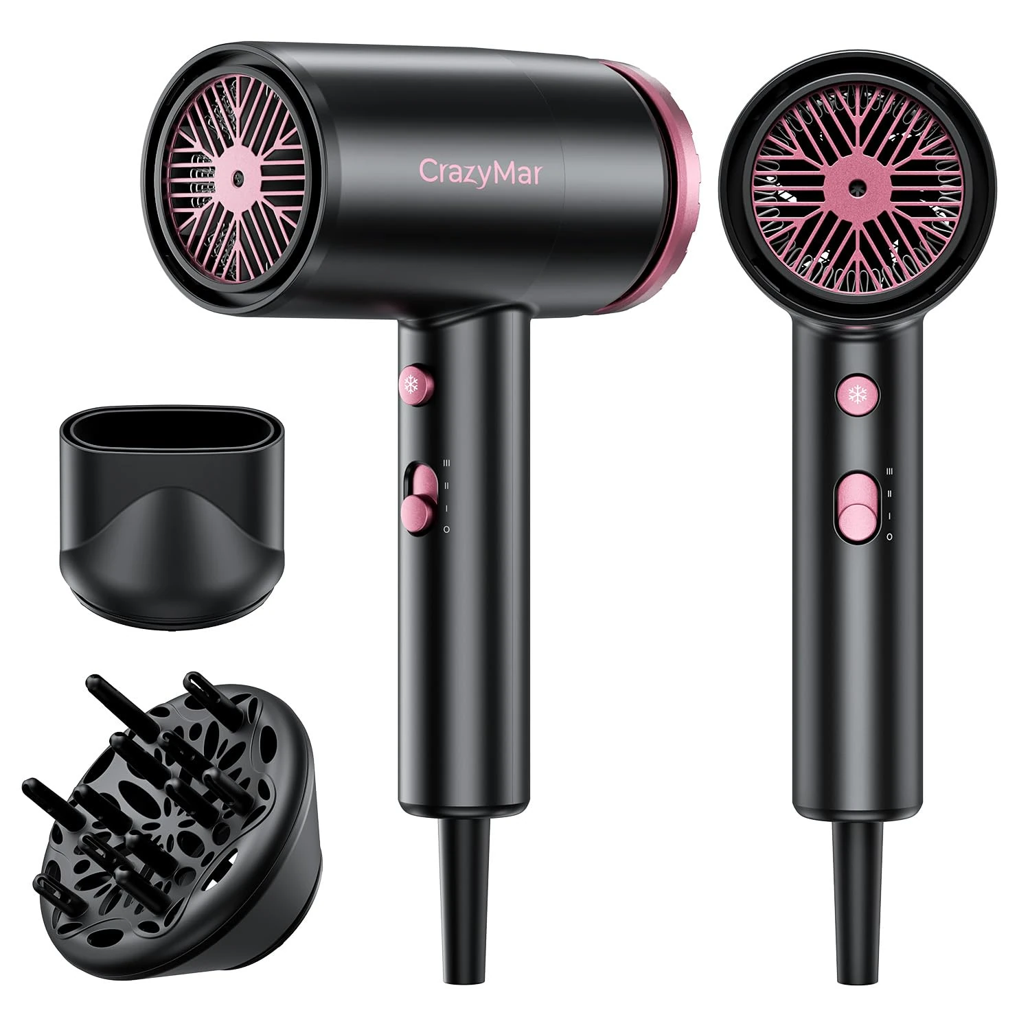 CrazyMar Professional Ionic Hair Dryer with Diffuser&Concentrator for Curly&Straight Hair, Fast Drying Blow Dryer for Travel, Lightweight Compact Airwrap with 3 Speed&Temp&cool Air&Overheat Protection
