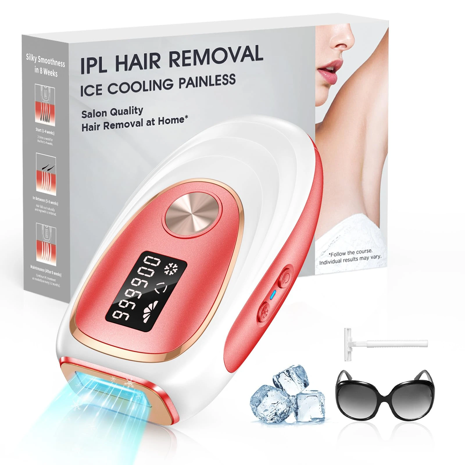 Haarlosy IPL Laser Hair Removal Device for Women and Men, Ice Cooling Painless Hair Remover Machine for Salon Quality Long Lasting Results at Home, for Face, Bikini Line, Armpit, Leg, Body, Red