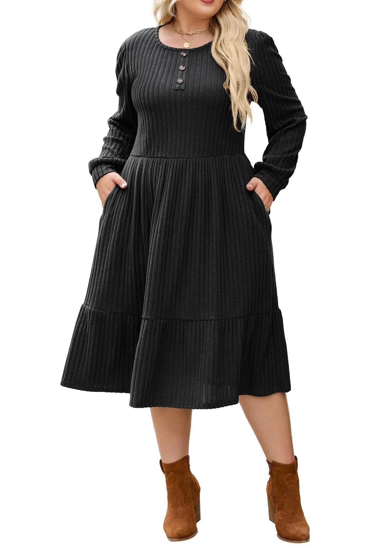 Hanna Nikole Plus Size Black Knit Dresses Women's Sweater Dress Lantern Sleeves High Elastic Long Sleeve Knit Dress