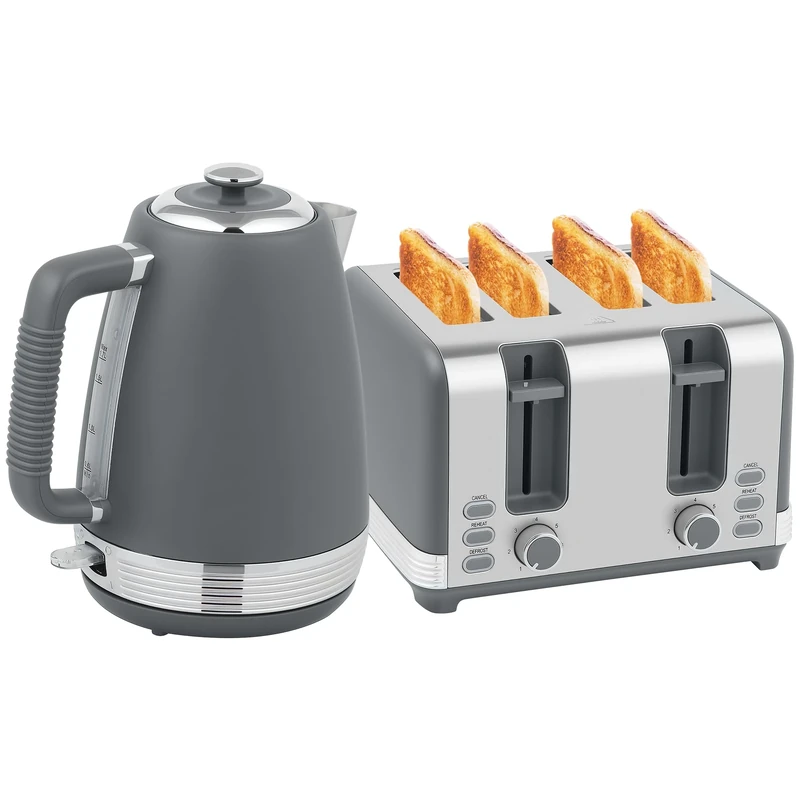 HOMCOM Stainless Steel Kettle and Toaster Set, 1.7L 3000W Rapid Boil Jug Kettle with UK Strix Thermostat, Limescale Filter, 4 Slice Toaster with 7 Browning Controls, Crumb Tray, Grey and Silver Tone