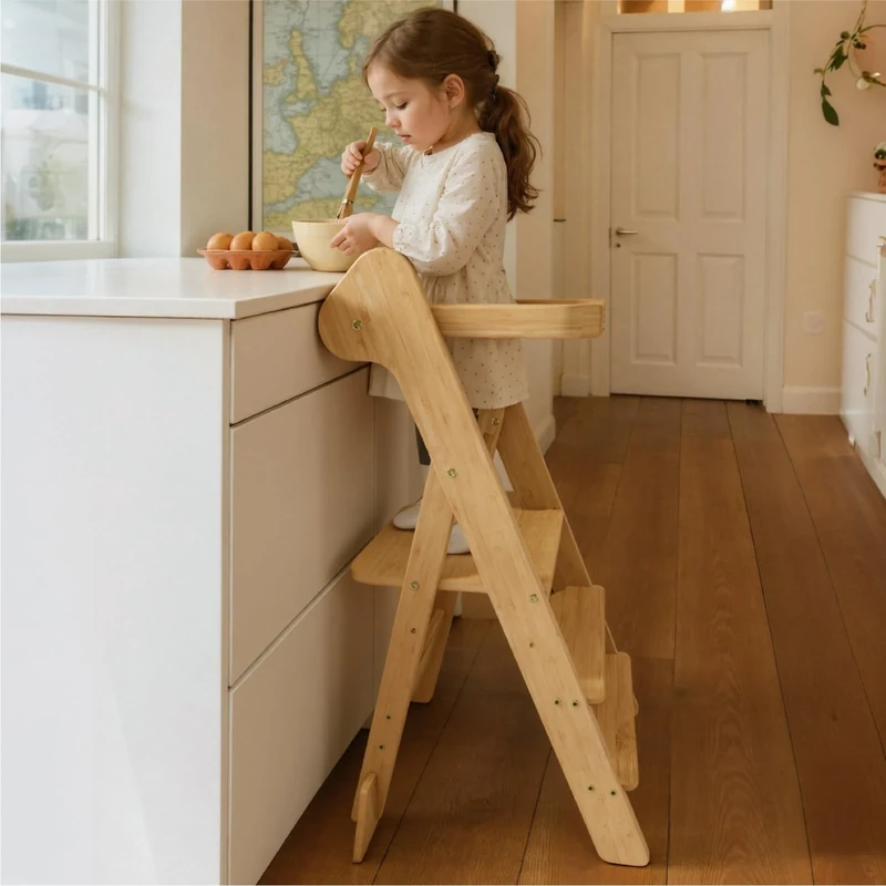 COSYLAND Foldable Kitchen Step Stool with Safety Net - IF Design Awarded Height Adjustable Toddler Standing Tower for Kids - Space Saving Learning Helper Stool with Support Blocks,Foldi (Natural)