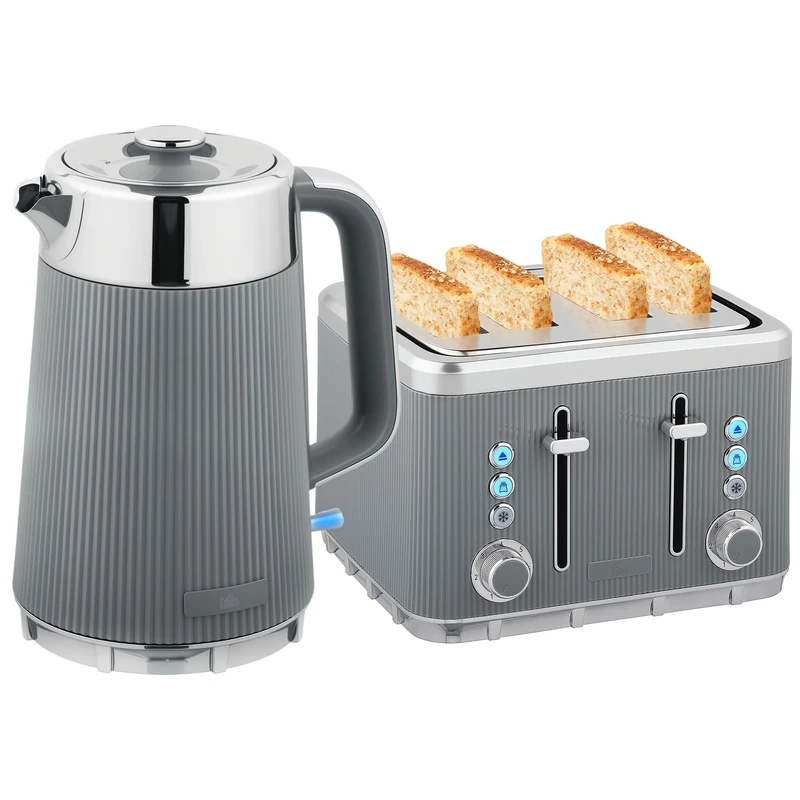 HOMCOM Electric Stainless Steel Kettle and Toaster Set, 3000W 1.7L UK Strix Thermostat Fast Boil Kettle w/Limescale Filter, Cool Touch Body, 4 Slice Toaster with 7 Browning Levels, Crumb Tray, Grey