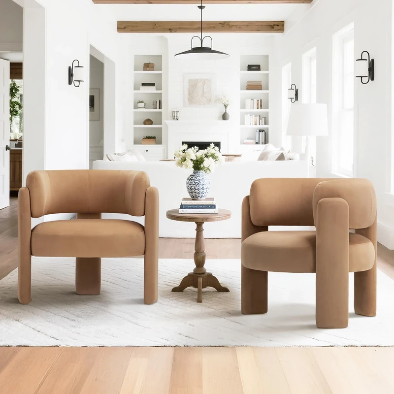 COLAMY Living Room Armchairs, Modern Velvet Accent Chair, Comfy Round Upholstered Arm Chair with 3 Legs, Single Sofa Chair with Lounge Seat for Bedroom/Office/Reading Spaces (Khaki, Set of 2)