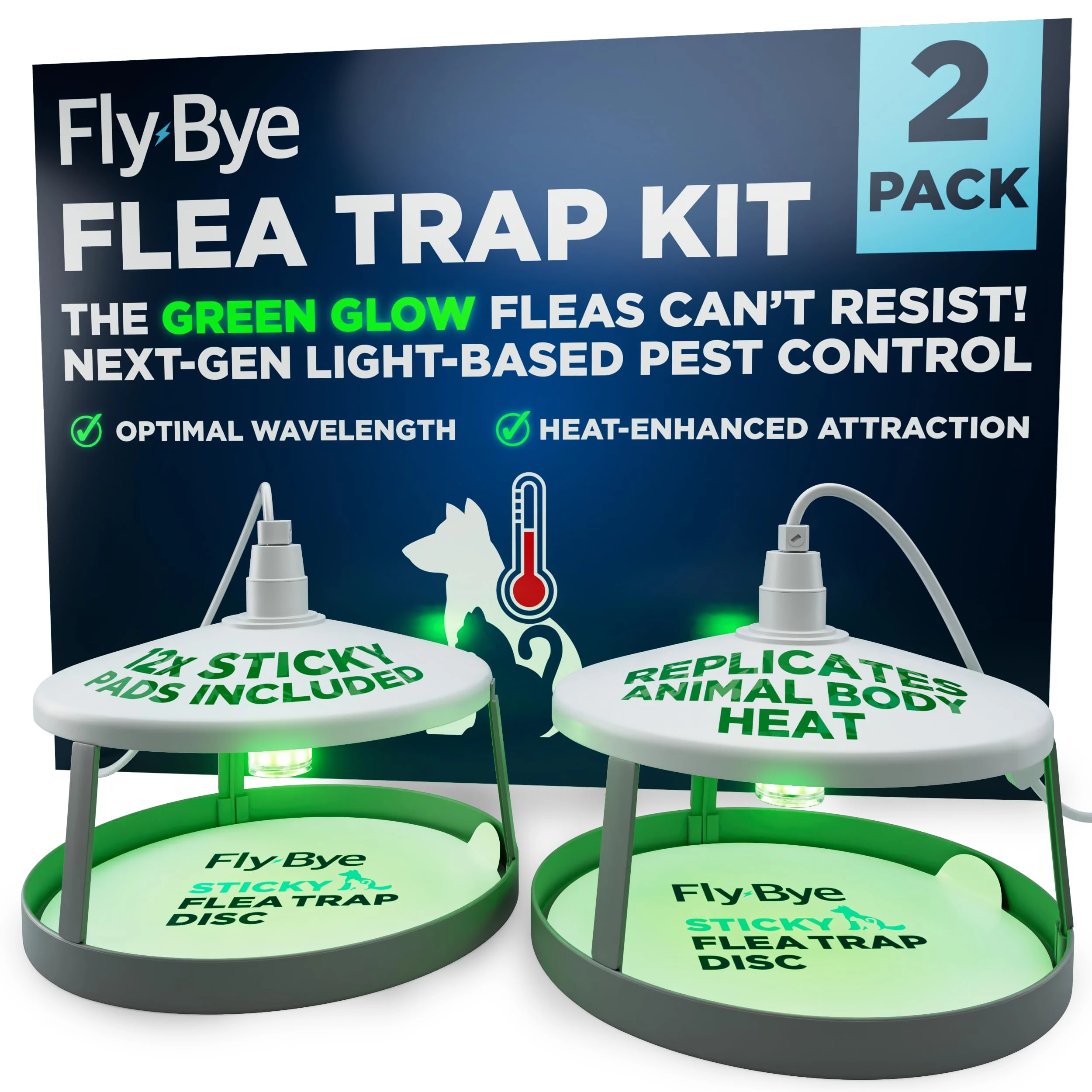 Fly-Bye Flea Trap Kit with Unique Green Light – 2 Flea Traps with 12 Non-Toxic Sticky Pads – Unscented Fleas Killer for Home – No Spray or Bomb Needed - Green Light and Heat Irresistible to Fleas