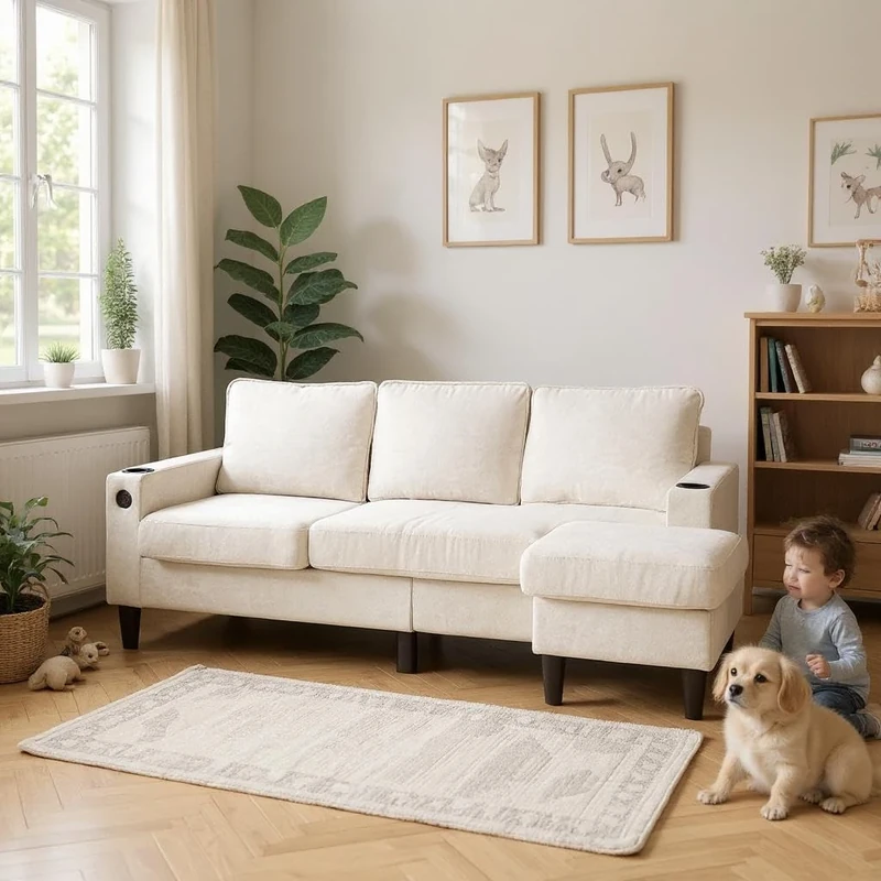 FurnitureR Beige Fabric Sofa, Modern Design, Upholstery, Home Comfort, Versatile Usage for Kids Rooms, Durable with Storage Pockets