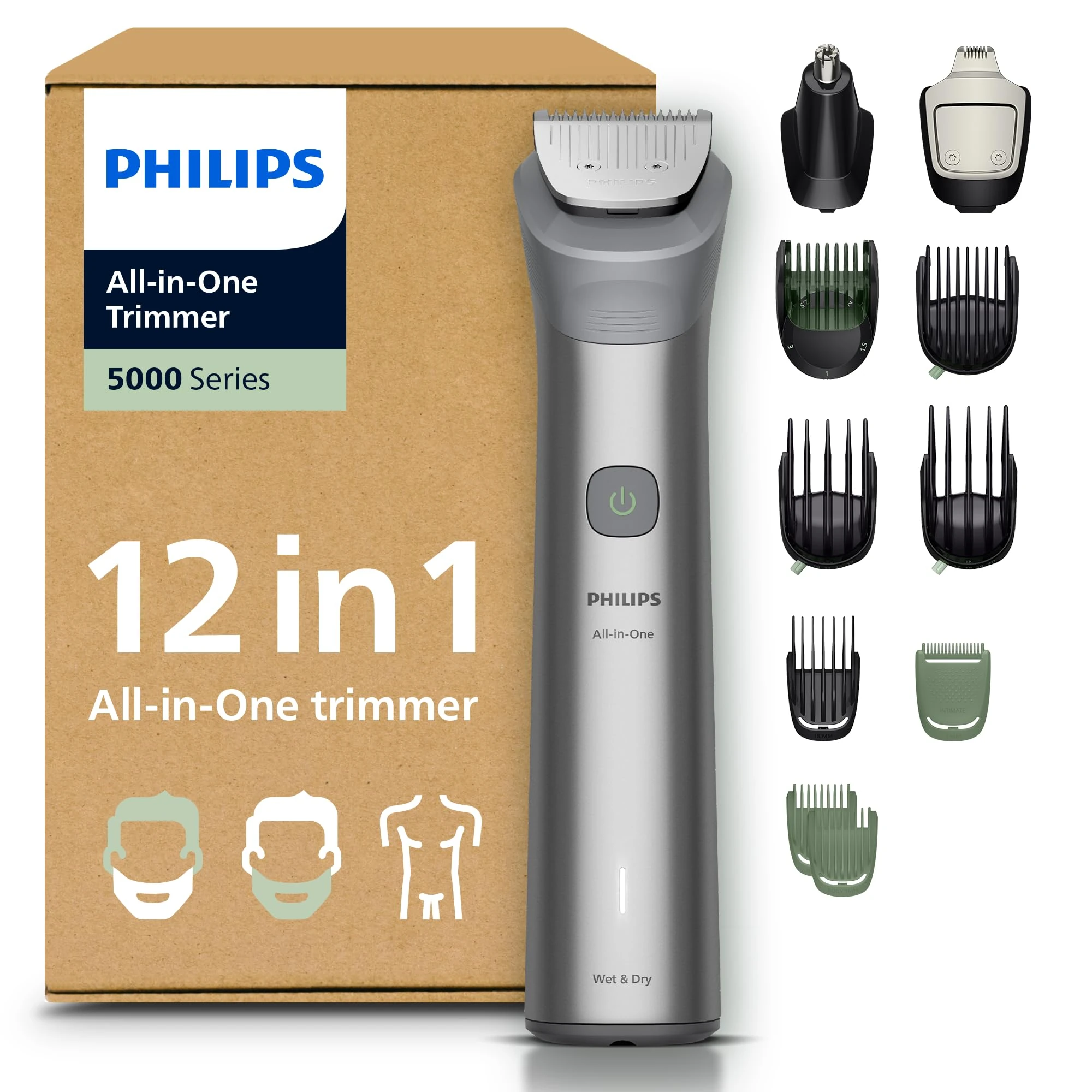 Philips Multigroom 5000 Series All-in-One 12-Piece Trimmer - Shaver and Clipper for Face, Head & Body, Self-Sharpening Full Metal Blades, 20 Length Settings (0.5-20 mm), Model MG5952/30