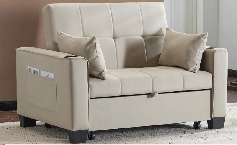 FurnitureR Comfort Chic Beige Sofa, Modern Upholstery, Fabric Material, Children's Furniture, Dual Functionality, Space-Saving Design - Image 1