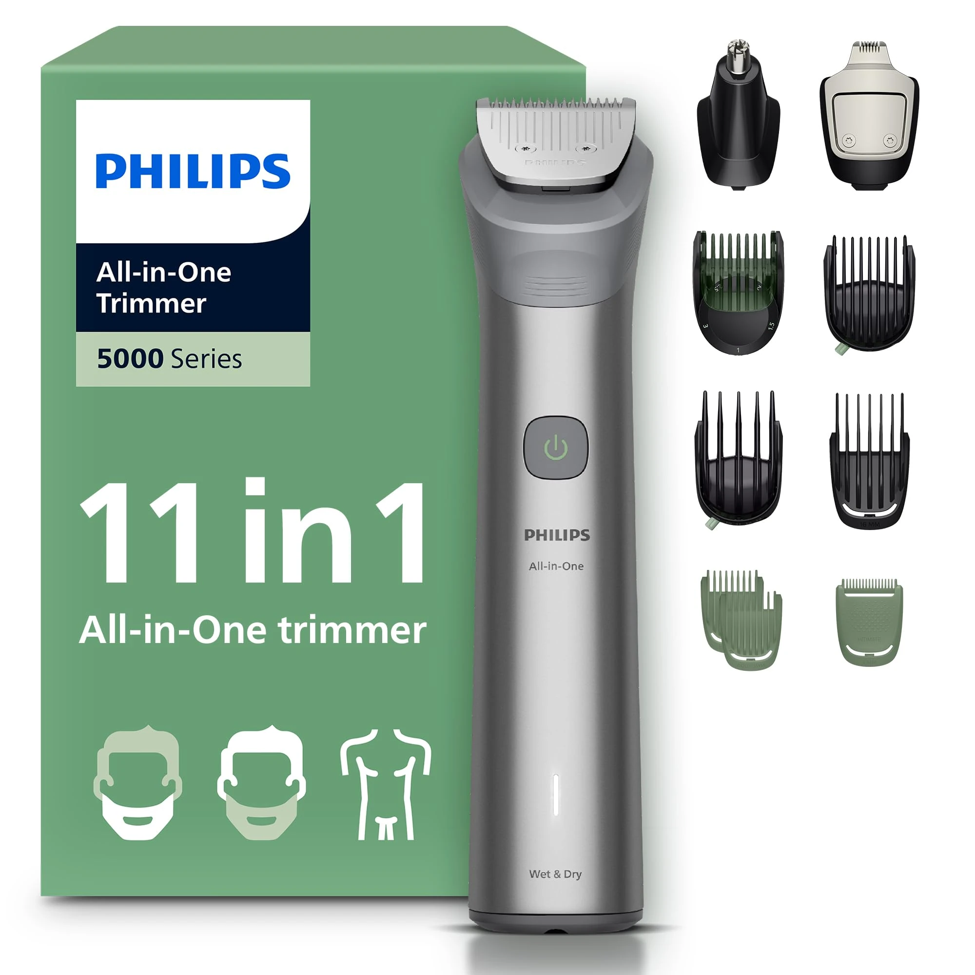 Philips Multigroom 5000 Series All-in-One 11-Piece Trimmer - Shaver and Clipper for Face, Head & Body, Self-Sharpening Full Metal Blades, 17 Length Settings (0.5-16 mm), Model MG5951/15
