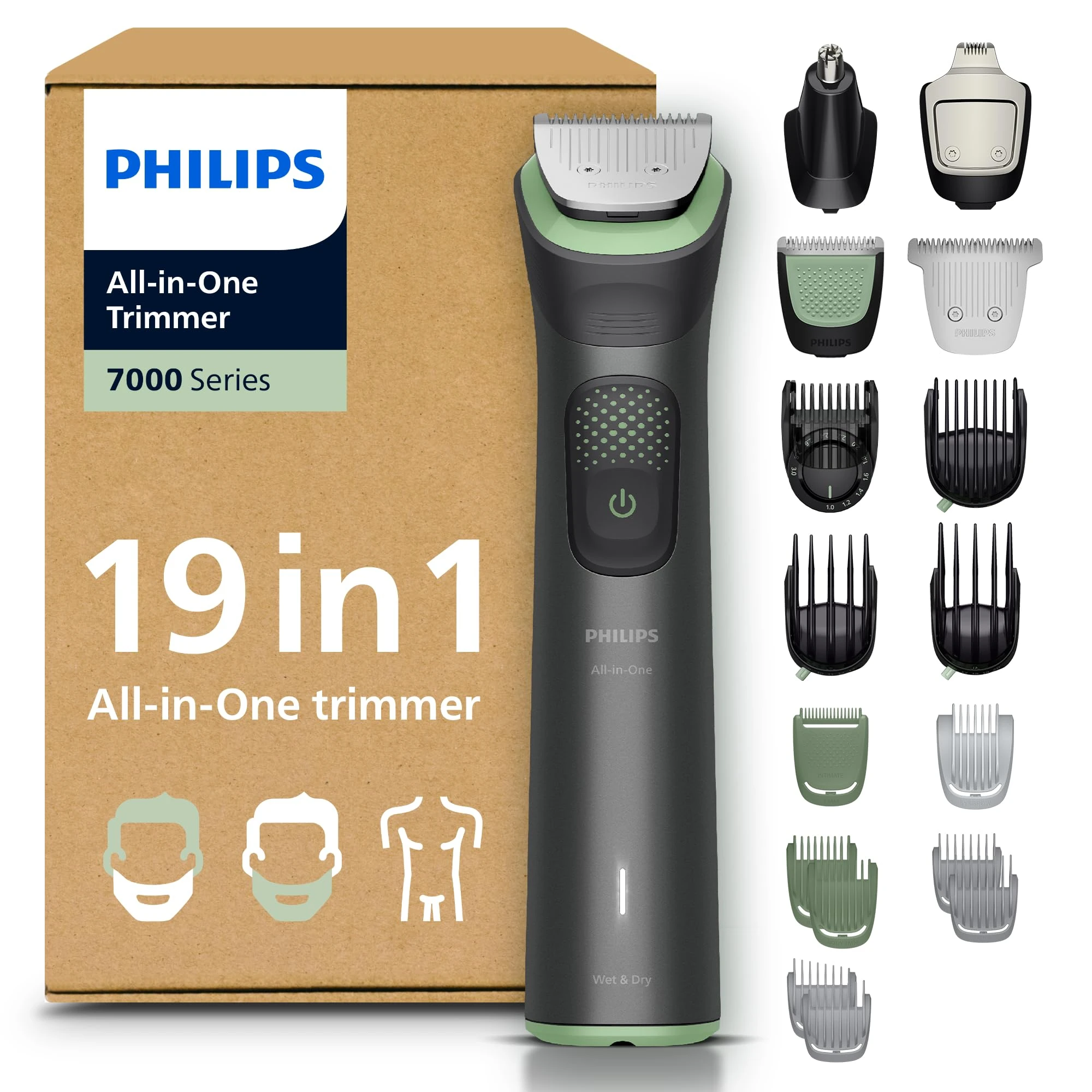 Philips Multigroom 7000 Series All-in-One 19-Piece Trimmer - Shaver and Clipper for Face, Head & Body, Self-Sharpening Full Metal Blades, 26 Length Settings (0.5-20 mm), Model MG7962/30