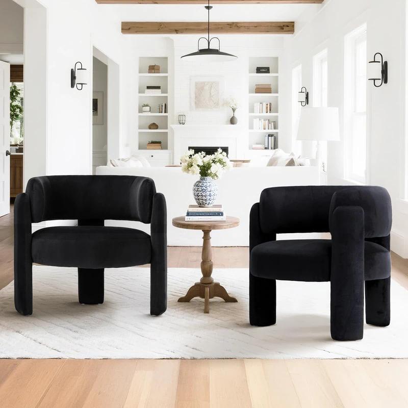COLAMY Living Room Armchairs, Modern Velvet Accent Chair, Comfy Round Upholstered Arm Chair with 3 Legs, Single Sofa Chair with Lounge Seat for Bedroom/Office/Reading Spaces (Black, Set of 2)