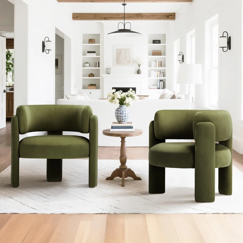 COLAMY Living Room Armchairs, Modern Velvet Accent Chair, Comfy Round Upholstered Arm Chair with 3 Legs, Single Sofa Chair with Lounge Seat for Bedroom/Office/Reading Spaces (Green, Set of 2) - Image 1