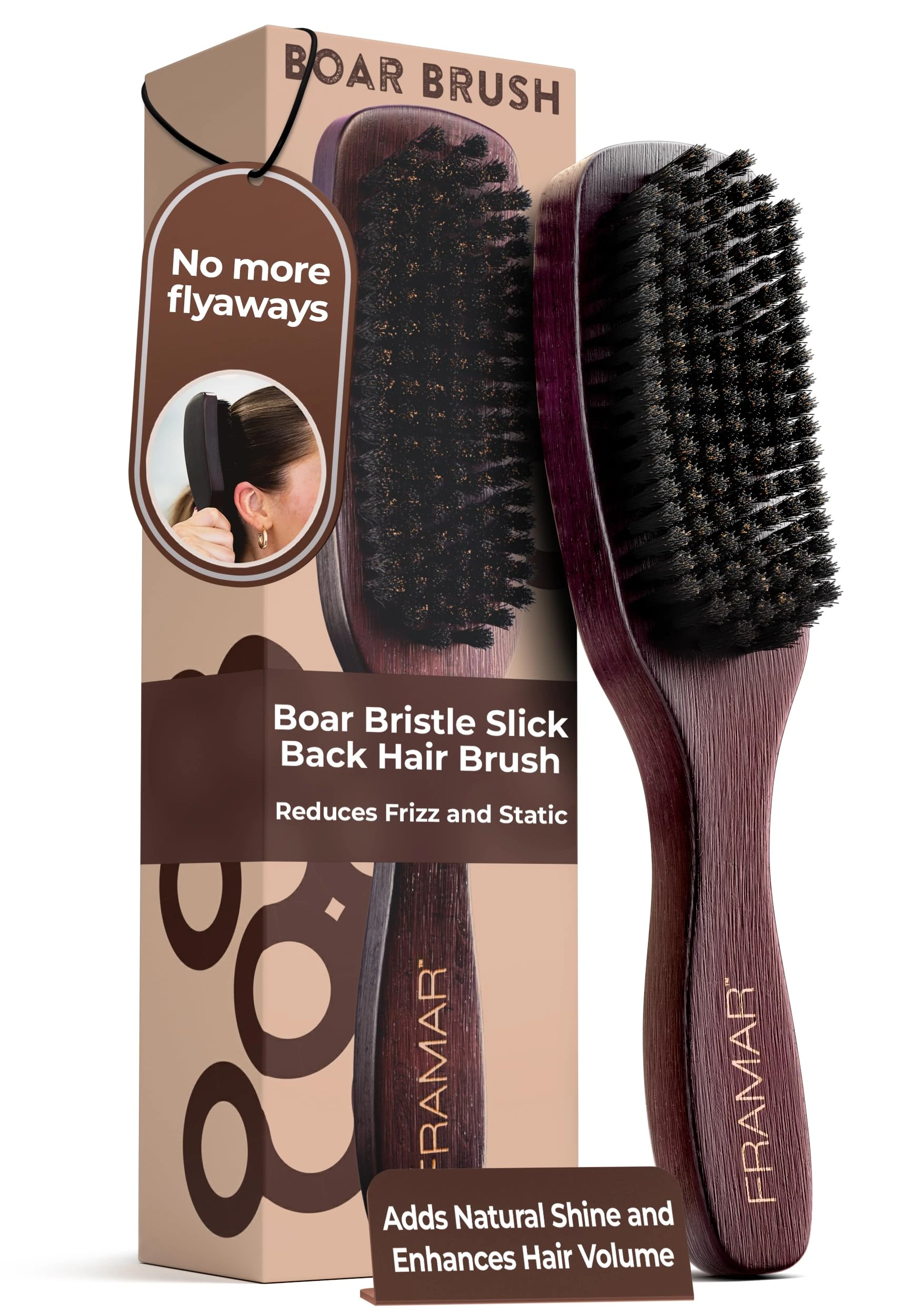 FRAMAR Slick Back Hair Brush Women – Boar Bristle Hair Brush, Slick Back Brush, Boar Bristle Brush, Smoothing Brush, Reduces Frizz and Static, Adds Natural Shine – Brown Velvet