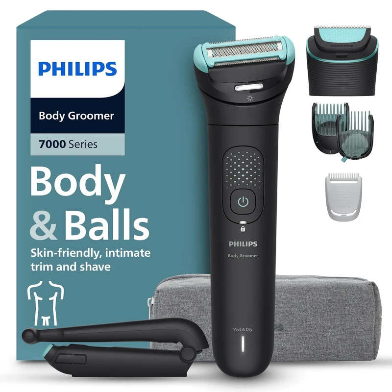 Philips Body Groomer 7000 Series - Trimmer for Men with 2D Flexing Head, Triple Protect Shave System, Interchangeable Heads, Intimate Trim & Shave, 100% Showerproof, 120 min. Runtime, Model BG7480/15