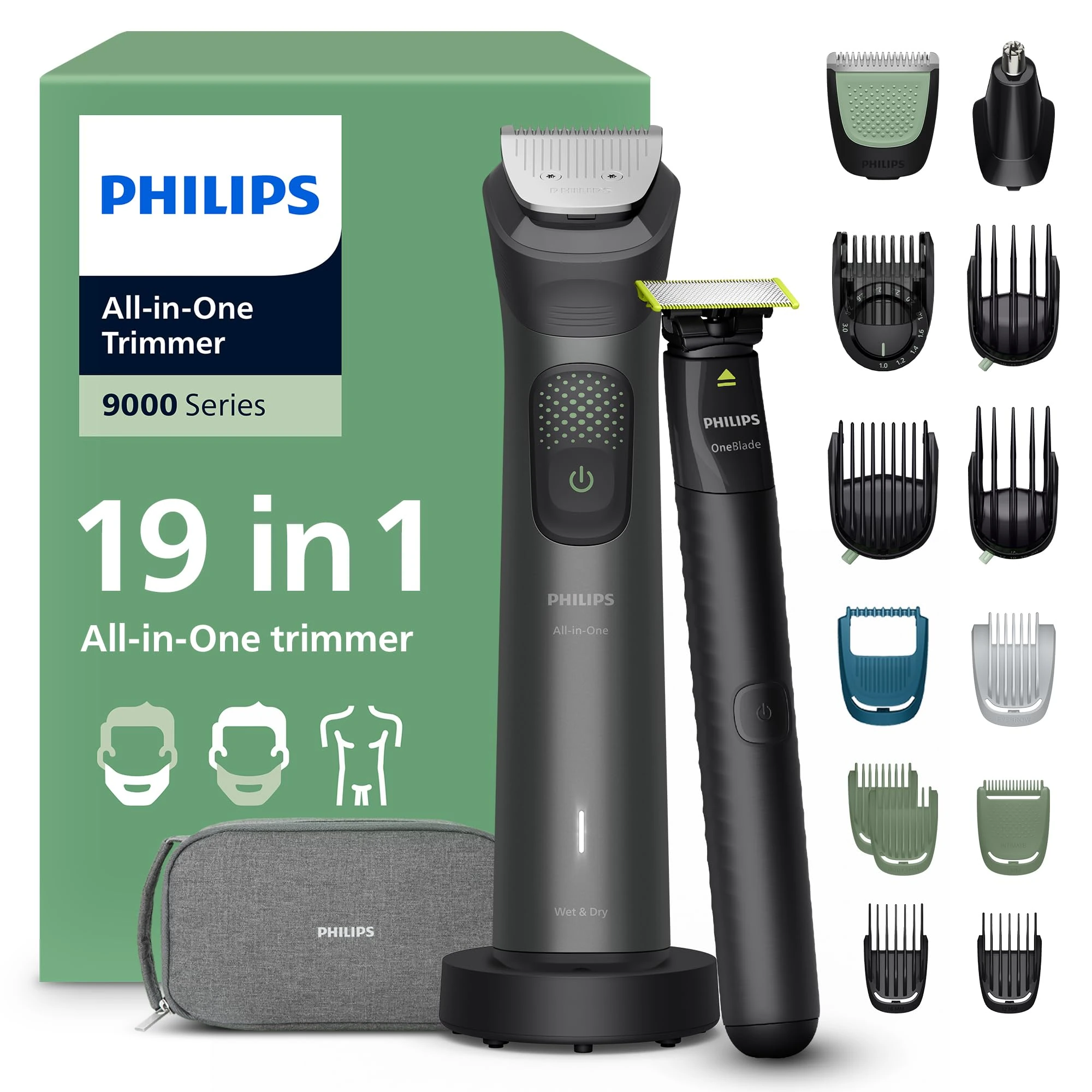Philips Multigroom 9000 Series All-in-One 19-Piece Trimmer, Shaver & Clipper + OneBlade Trimmer for Men - All-Over Grooming Set for Face, Head & Body, 27 Length Settings (0.2-20 mm), MG9556/15