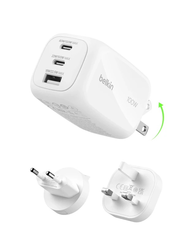 Belkin 3-Port USB-C Plug 100W, GaN Wall Charger with 2x USB-C & 1 USB-A Ports, Plug Tips included for EU/UK/US, Fast Charging for MacBook, iPhone, iPad Pro, Samsung Galaxy, Google Pixel, etc - White