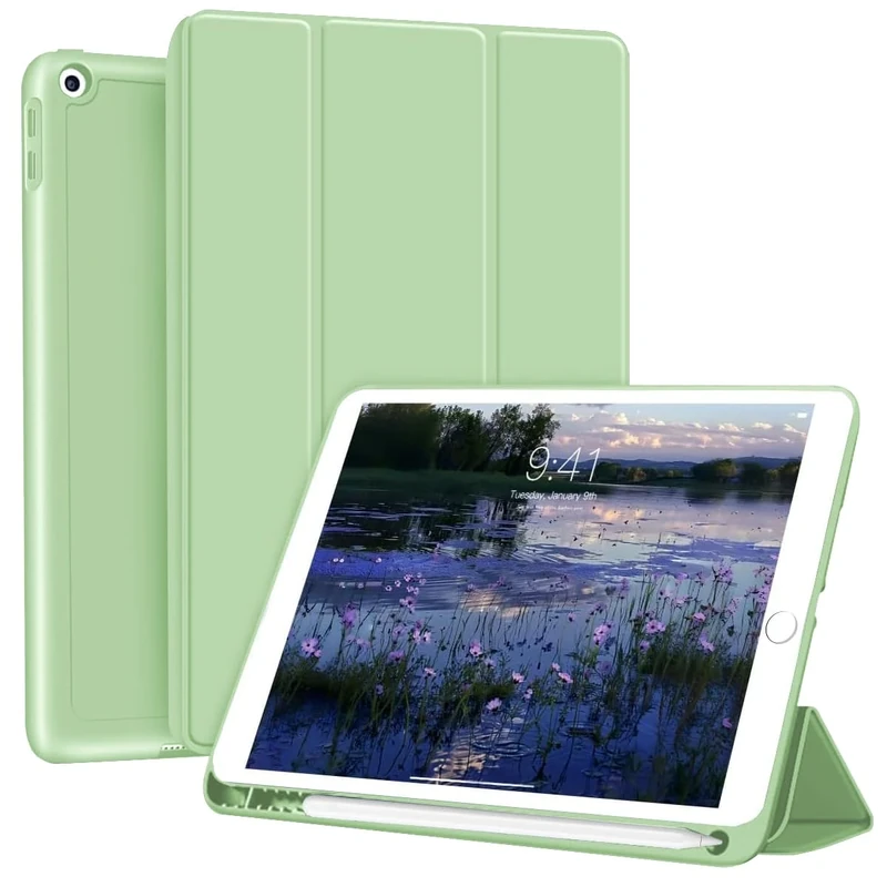 GKABXY Case for iPad 9th/8th/7th Generation 2021/2020/2019 10.2 Inch with Pencil Holder, Soft TPU Back & Tri-fold Stand Protective, Auto Wake/Sleep for iPad 10.2 Inch, Matcha green