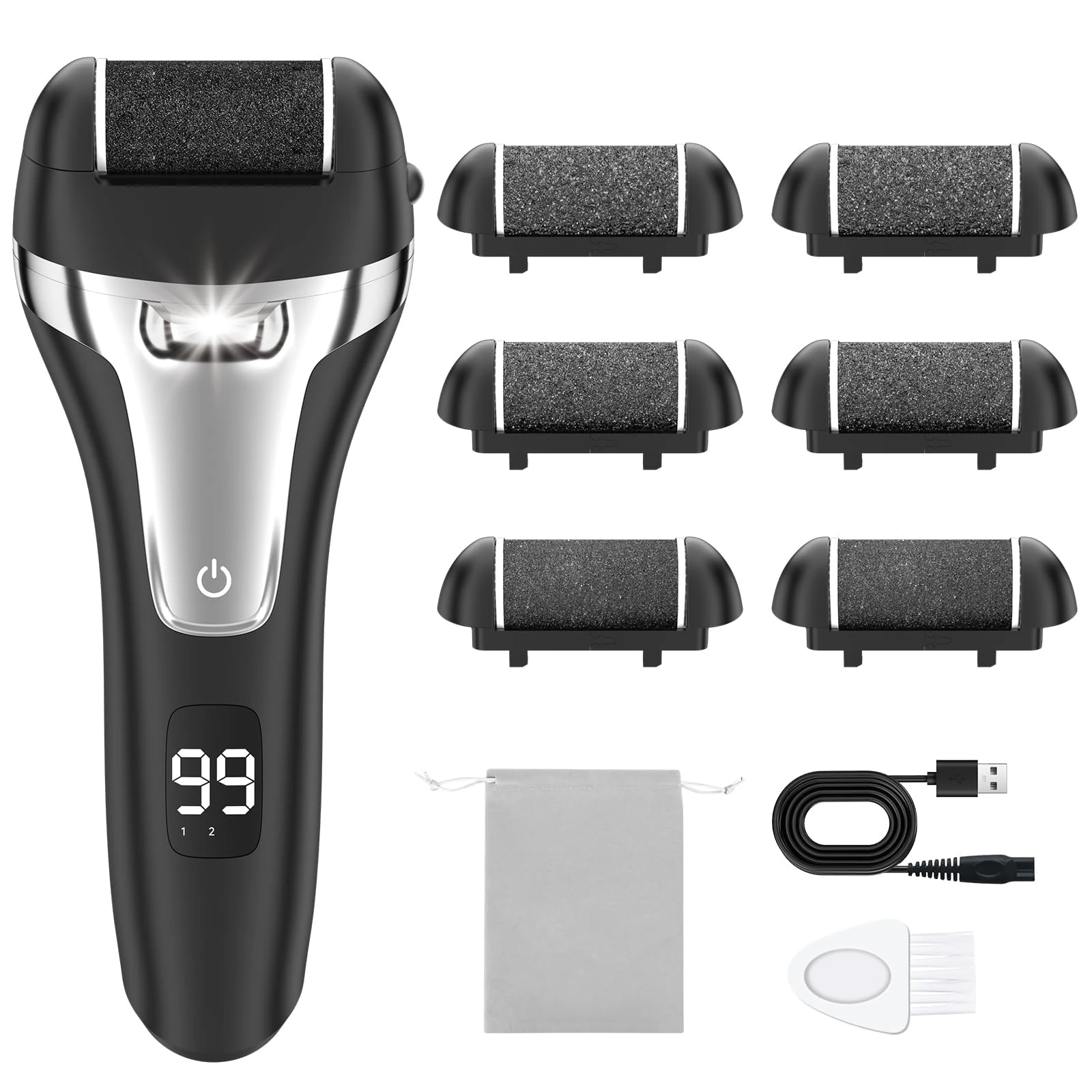 Hoxida Electric Foot File with 6 Replacement Rollers, Waterproof Rechargeable Callus Remover for Hard Skin Feet Pedicure Set for Cracked Heels and Dead Skin - Black