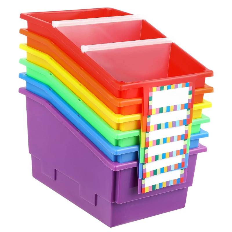 6 Pack Picture Book Bins with Dividers Plastic Book Holders with Labels Stackable Classroom Organization Bins Magazine File Binder Holder Storage Container for Classroom Library Home Office(Colorful)
