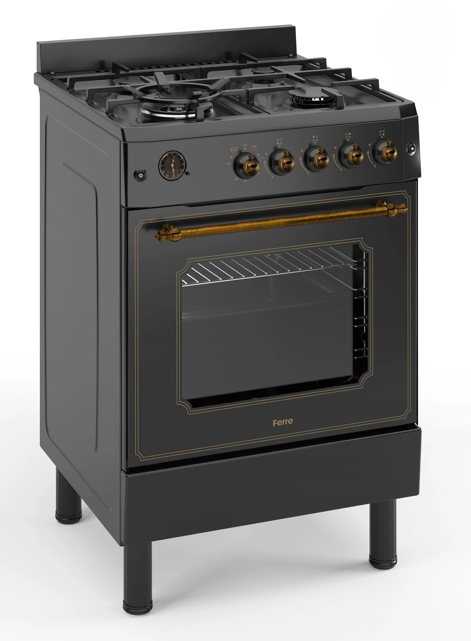 Ferre F6IP40GF-BL-RETRO-W 60cm Freestanding Gas Cooker With Wok Burner & Turbo Fan - Matte Black