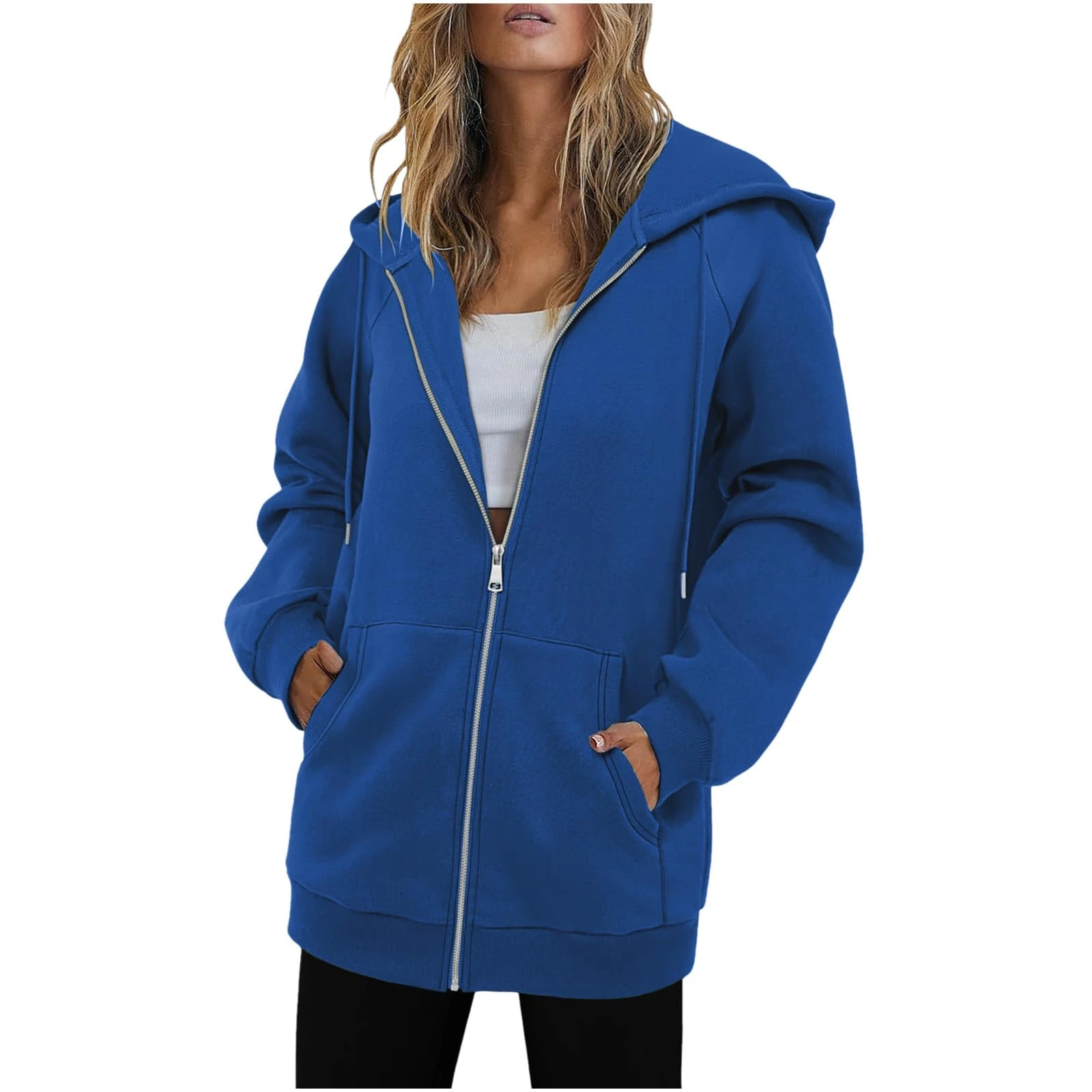 KUIH Women's Longline Hoodie Full Zip Fleece Jacket Warm Coats Ladies Long Hoode Sweatshirt with Pockets Loose Jumpers Sweat Top Fleece Hoodies With Drawstring Thermal Outerwear Womens Cardigans