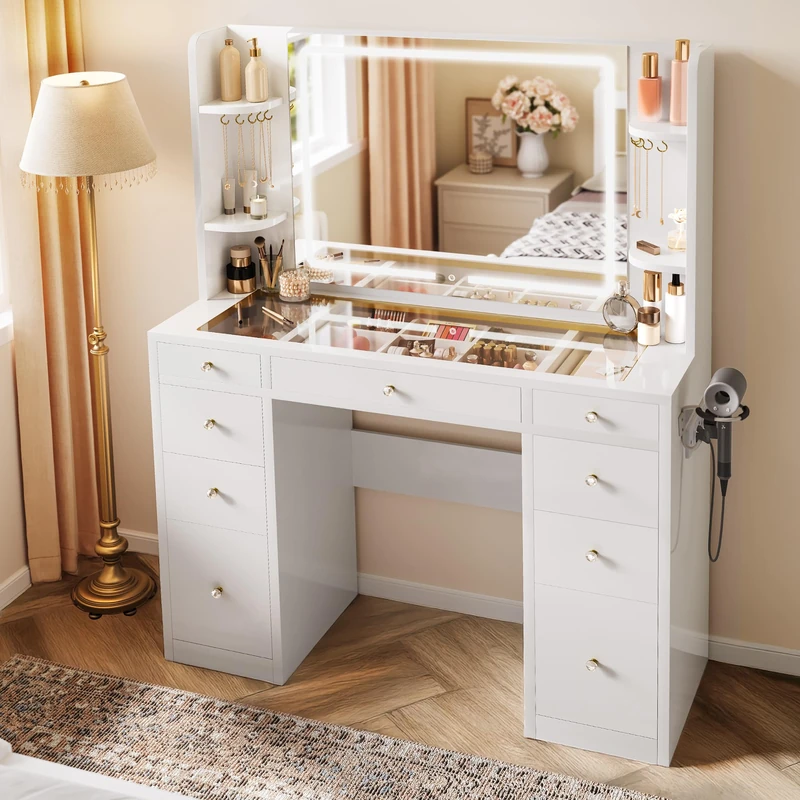 YITAHOME Dressing Table with Adjustable LED Lighting & Sockets, Transparent Glass Top Makeup Table with 9 Drawers, White Makeup Desk for Bedroom, 4 Open Storage Areas