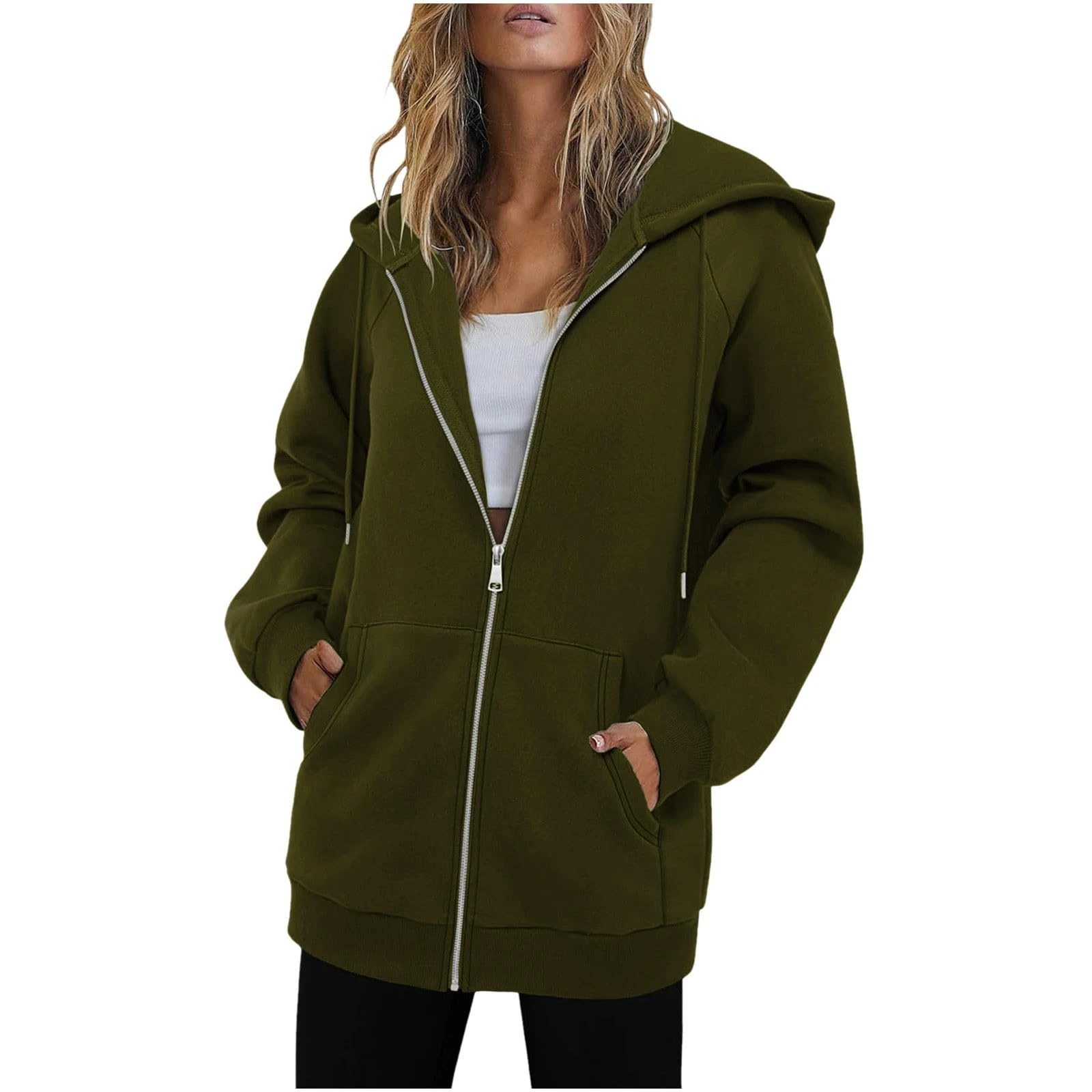 KUIH Women's Longline Hoodie Full Zip Fleece Jacket Warm Coats Ladies Long Hoode Sweatshirt with Pockets Loose Jumpers Sweat Top Fleece Hoodies With Drawstring Thermal Outerwear Womens Cardigans