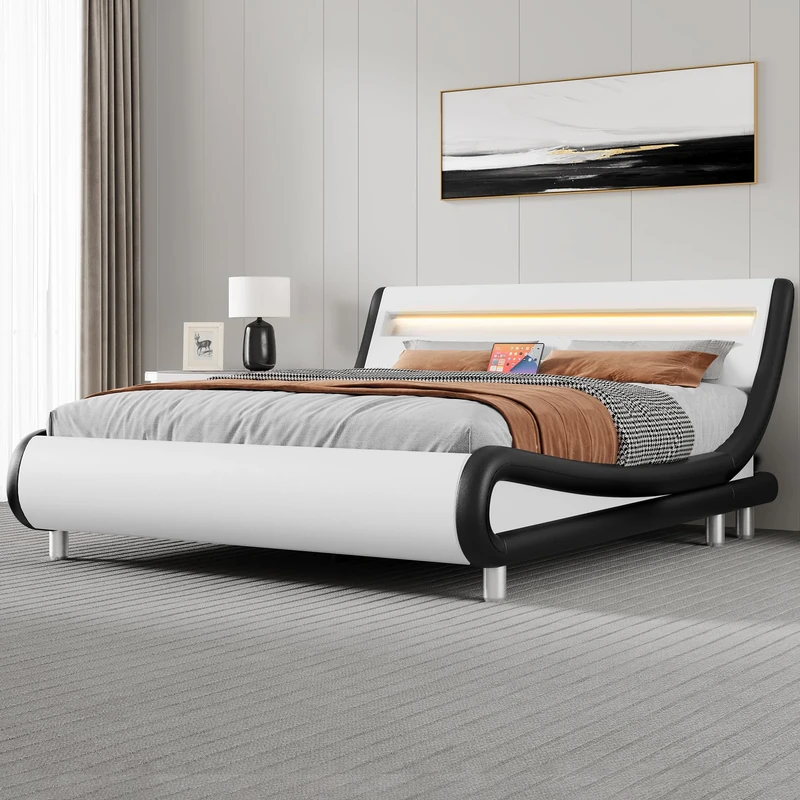 YITAHOME Bed Frame,Upholstered Led Bed Frame with Lights & Storage Charging Station,Platform Bed Frame with Pu Leather/No Box Spring Needed,White and Obsidian