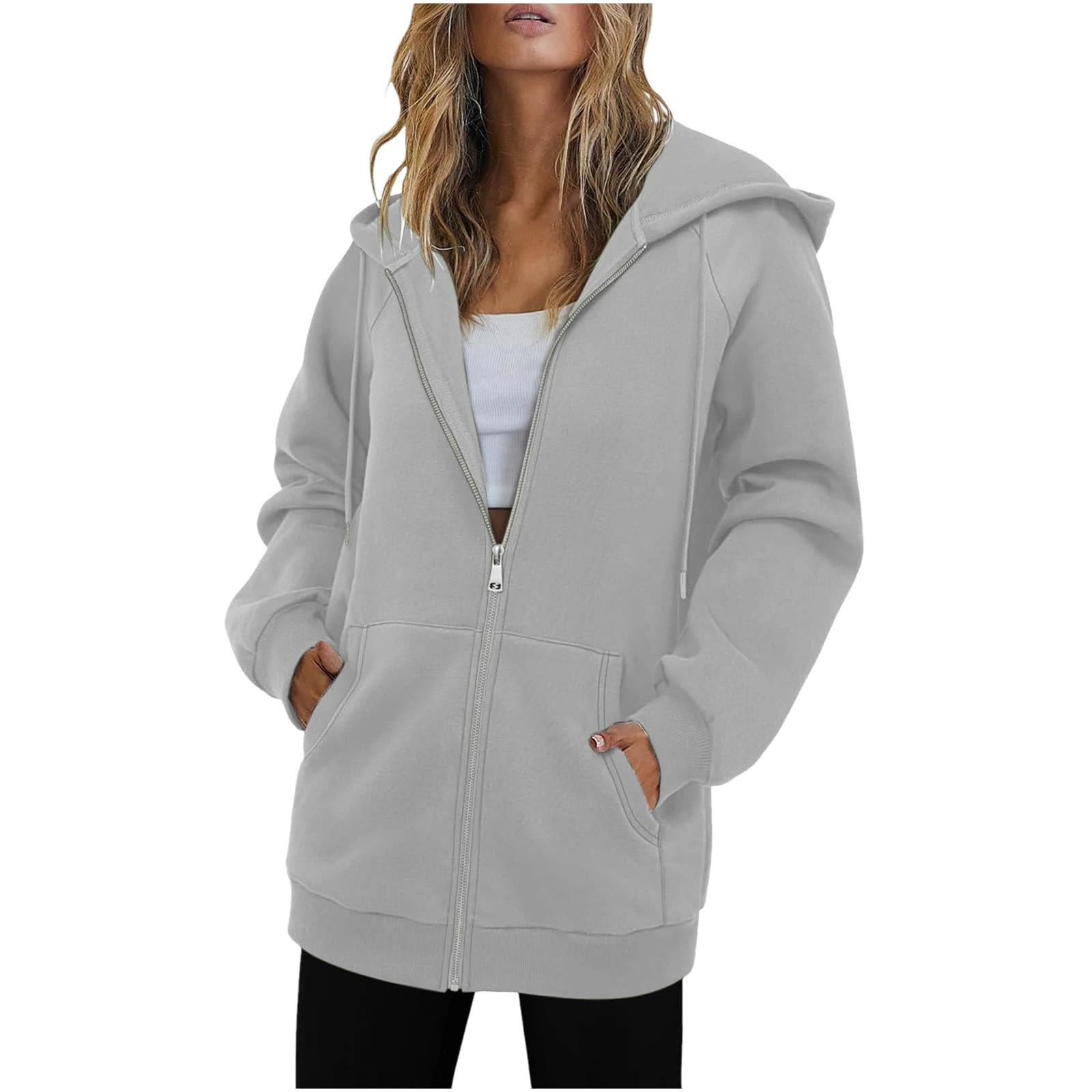 KUIH Women's Longline Hoodie Full Zip Fleece Jacket Warm Coats Ladies Long Hoode Sweatshirt with Pockets Loose Jumpers Sweat Top Fleece Hoodies With Drawstring Thermal Outerwear Womens Cardigans