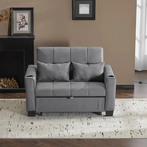 FurnitureR Gray Fabric Sofa Bed, Space-Saving Design, Convertible Sleeper Sofa, Ideal for Modern Homes, Multifunctional Seating with Cup Holders and Storage, Comfortable Upholstery for Relaxation