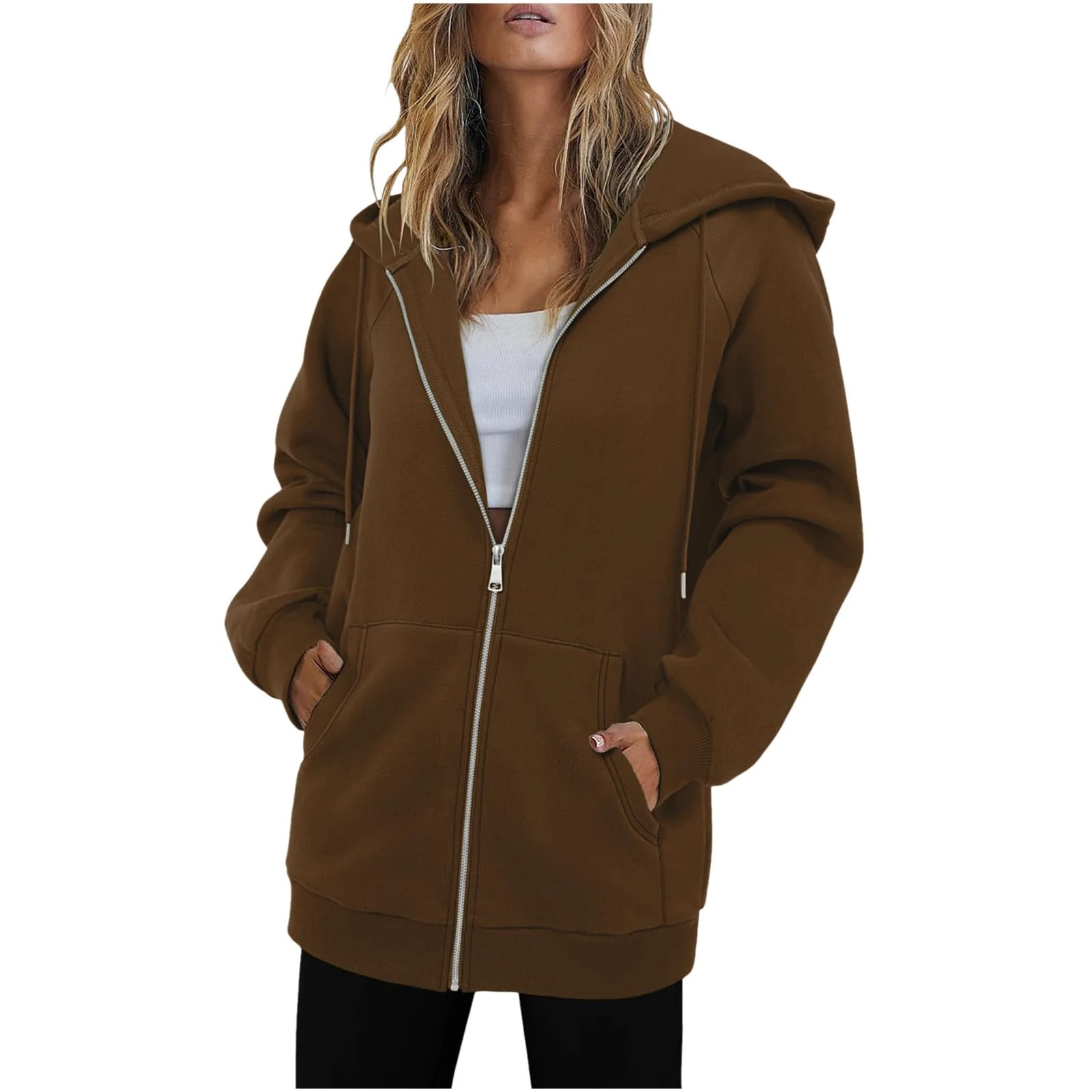 KUIH Women's Longline Hoodie Full Zip Fleece Jacket Warm Coats Ladies Long Hoode Sweatshirt with Pockets Loose Jumpers Sweat Top Fleece Hoodies With Drawstring Thermal Outerwear Womens Cardigans
